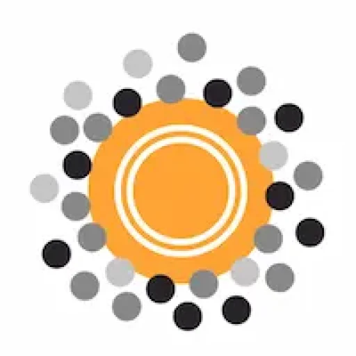 orange circular logo with white concentric rings and surrounding black, gray, and white dots