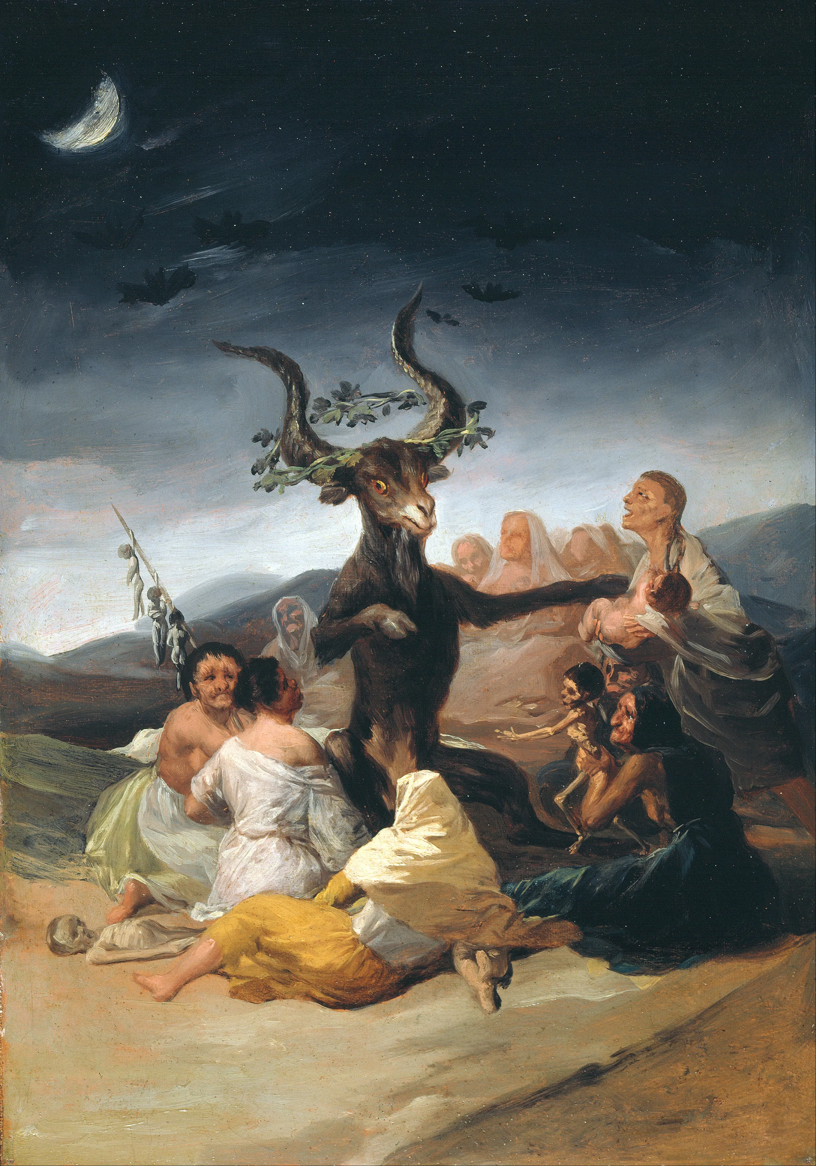 Una pintura de una escena oscura y sobrenatural con una figura con cuernos, personas con túnicas blancas y amarillas, y una luna creciente en un cielo nocturno.