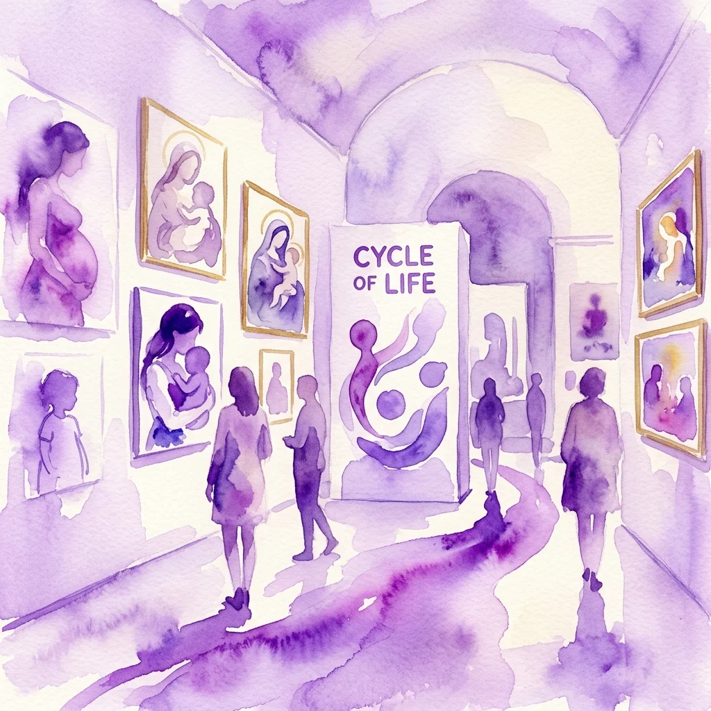 Een aquarelillustratie van een kunstgalerie-expositie getiteld 'Cycle of Life', met foto's en installaties die moederschap verkennen. Bezoekers bekijken kunstwerken die moeders en kinderen afbeelden, wat een contemplatieve dialoog creëert met klassieke kunststukken.