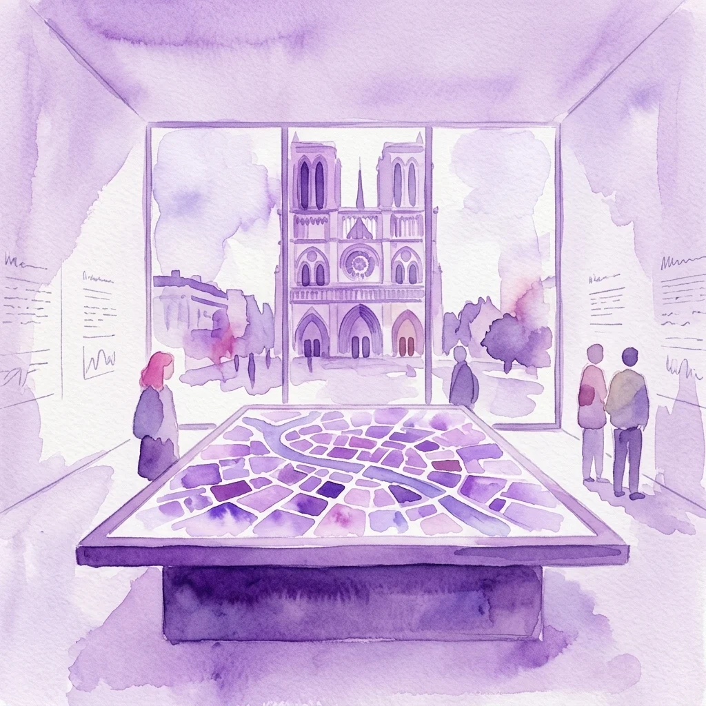 Akwarelowa ilustracja nowoczesnej sali wystawowej z dużym interaktywnym stołem z mapą miasta, zwiedzającymi oglądającymi ekspozycje na ścianach oraz widokiem na katedrę w Strasburgu przez wysokie okna.