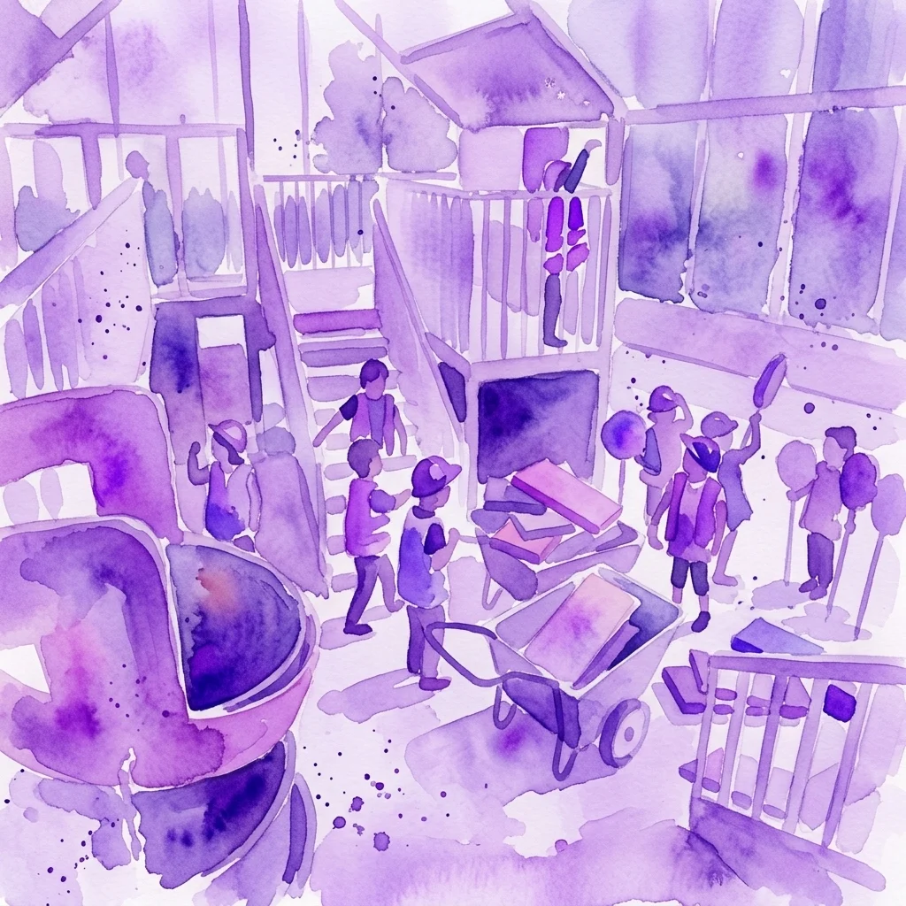 Purple watercolor illustration of children figures at a hands-on construction exhibit, featuring ladders, scaffolding, and a wheelbarrow filled with bricks.