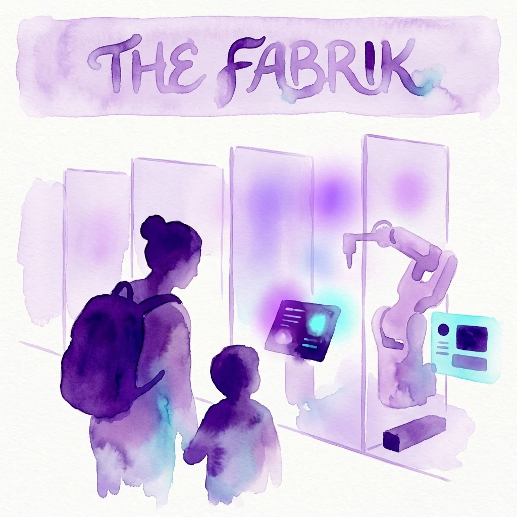 Ilustración en acuarela de tonos púrpuras titulada 'The Fabrik' que muestra a una mujer con mochila y un niño observando un brazo robótico y pantallas digitales en una exposición interactiva.