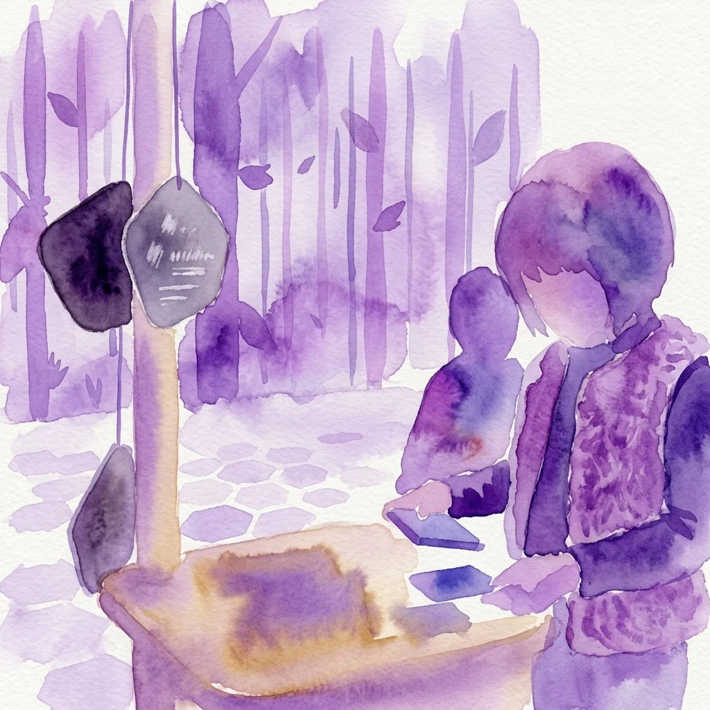 Purple watercolor illustration of two children exploring wooden puzzle pieces at a table in a tree-filled exhibition space.