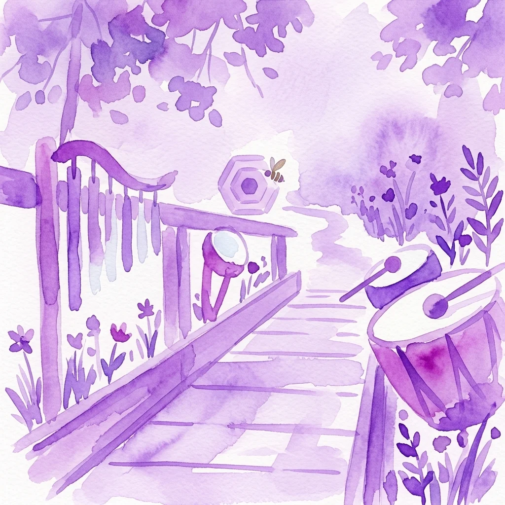 Fioletowa akwarelowa ilustracja wystawy The Garden przedstawiająca drewnianą kładkę, ksylofon, bęben i obserwacyjny ul otoczony bujną roślinnością.