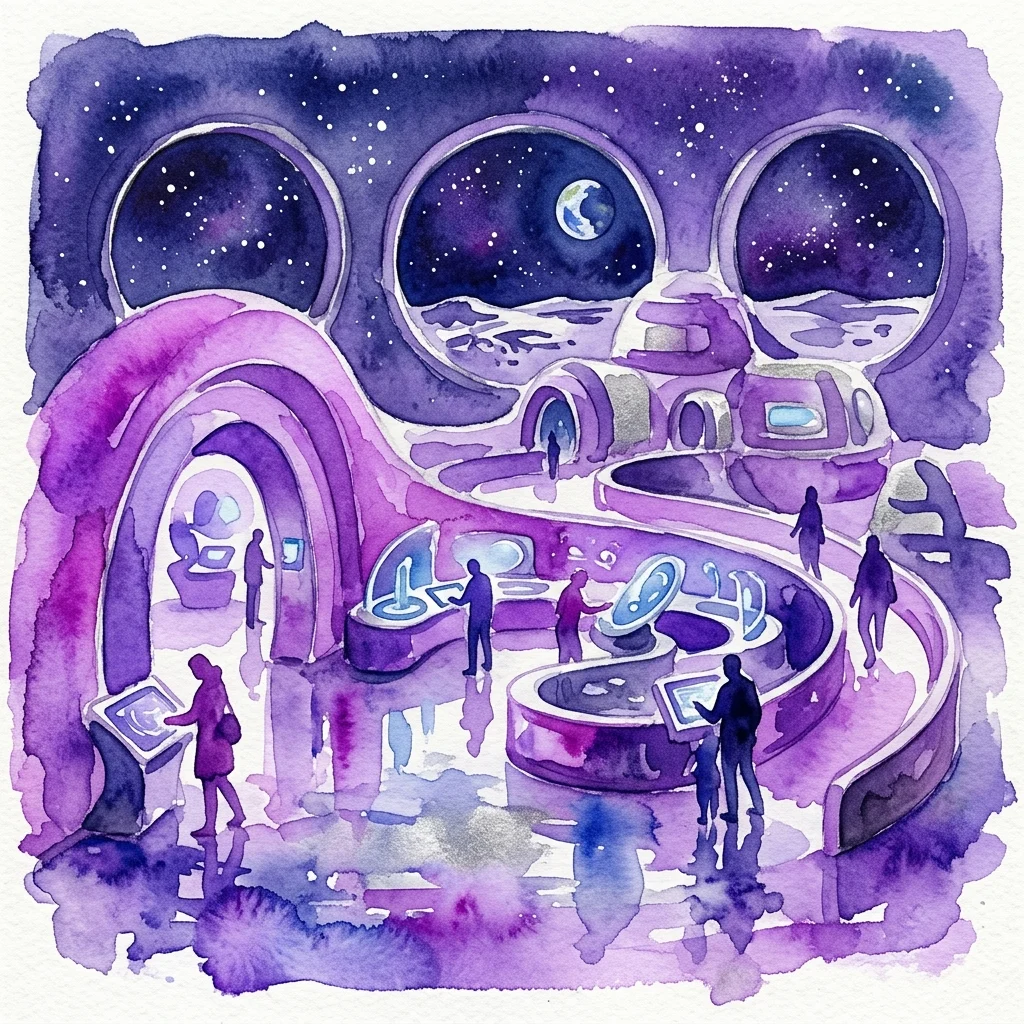 Ilustración en acuarela de una exposición sobre una base lunar futurista con interiores de color púrpura, ventanas circulares que muestran la Tierra y las estrellas, y visitantes observados en silueta mientras exploran estaciones interactivas.