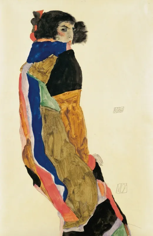 Een kleurrijke expressionistische tekening van een figuur in profiel, gekleed in een patchwork kledingstuk met opvallende blauwe, rode, gele en zwarte vlakken.