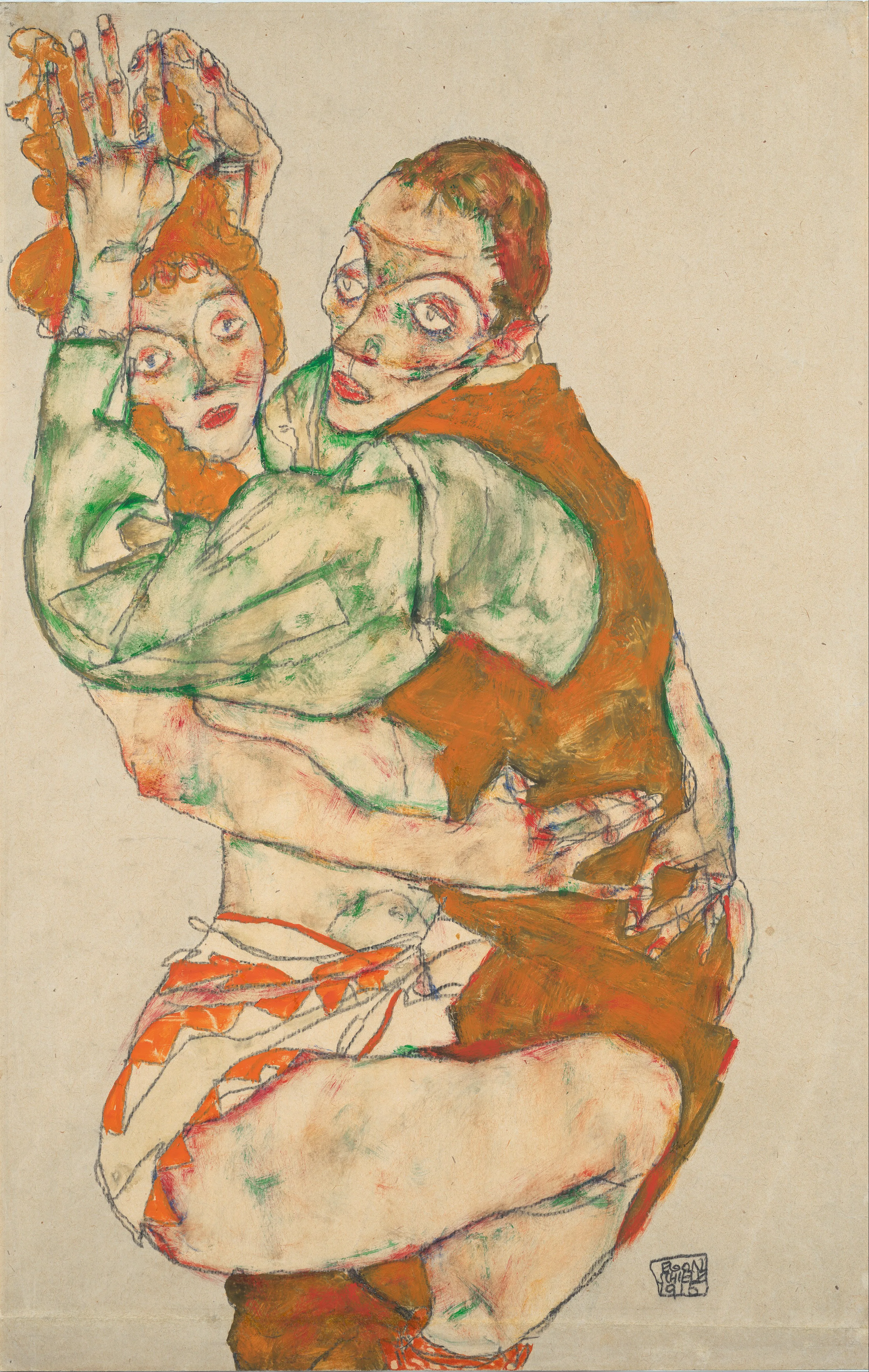 Een tekening van Egon Schiele met twee omhelzende figuren, waarvan één roodharig is en de ander een groen en oranje vest draagt.
