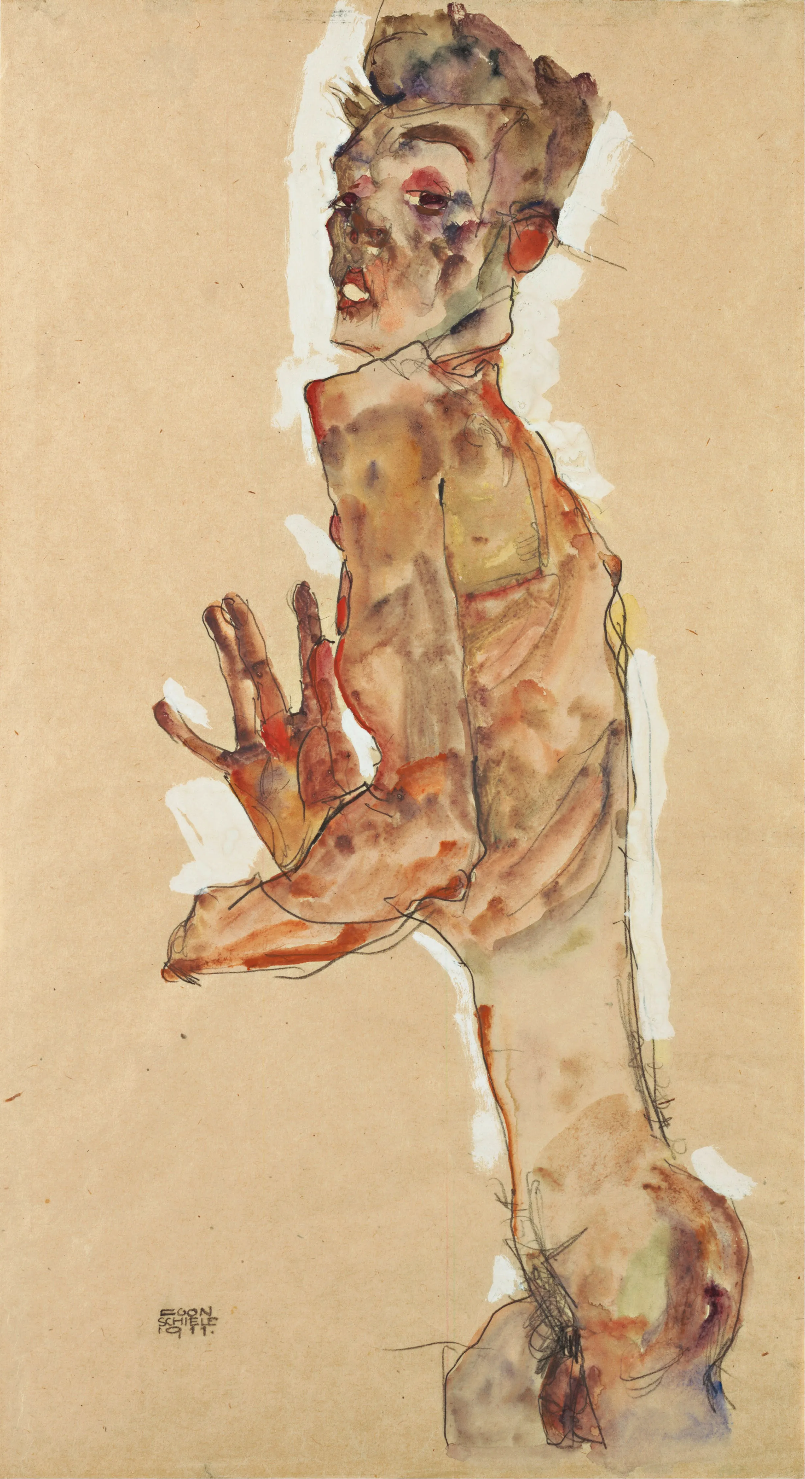 Een zelfportret in aquarel en inkt van Egon Schiele, waarop een figuur te zien is met gespreide vingers en een vervormd gezicht