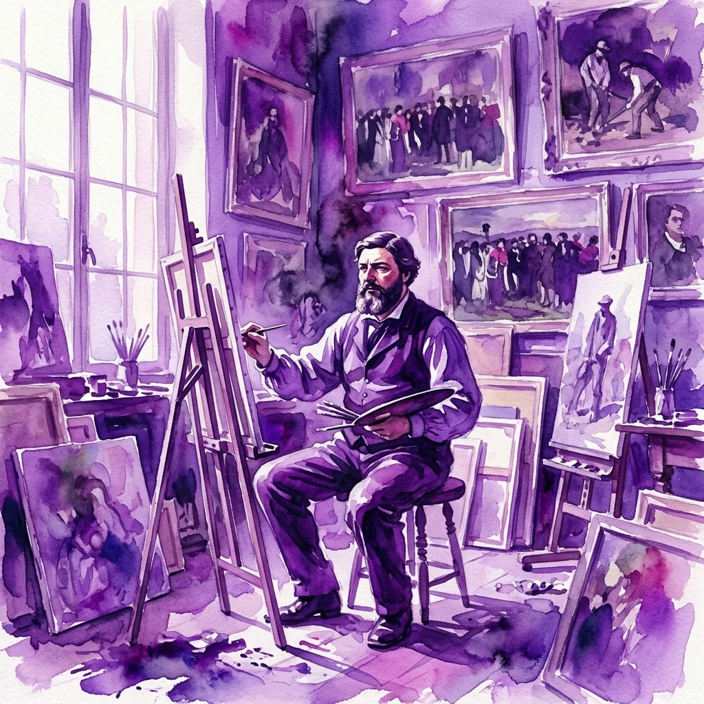 A watercolor illustration of Gustave Courbet in his studio, painting at an easel surrounded by his realist artworks, with natural light from a large window.