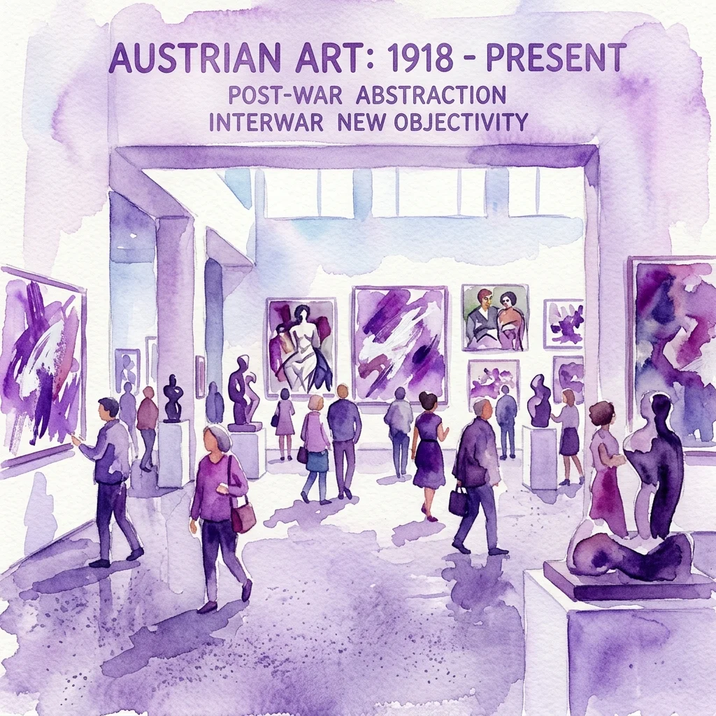 Watercolor illustration of visitors exploring an exhibition titled 'Austrian Art: 1918 - Present' featuring post-war abstraction and interwar New Objectivity, with paintings and sculptures on display in a modern gallery.