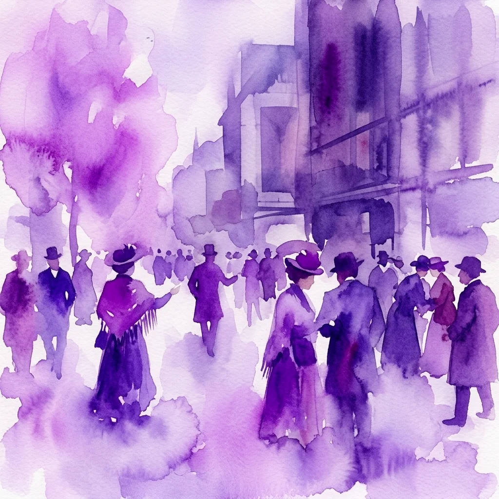 A purple watercolor painting of a bustling Viennese street scene around 1900, with people in period attire and modern architecture in the background, evoking the artistic and intellectual ferment of the era.