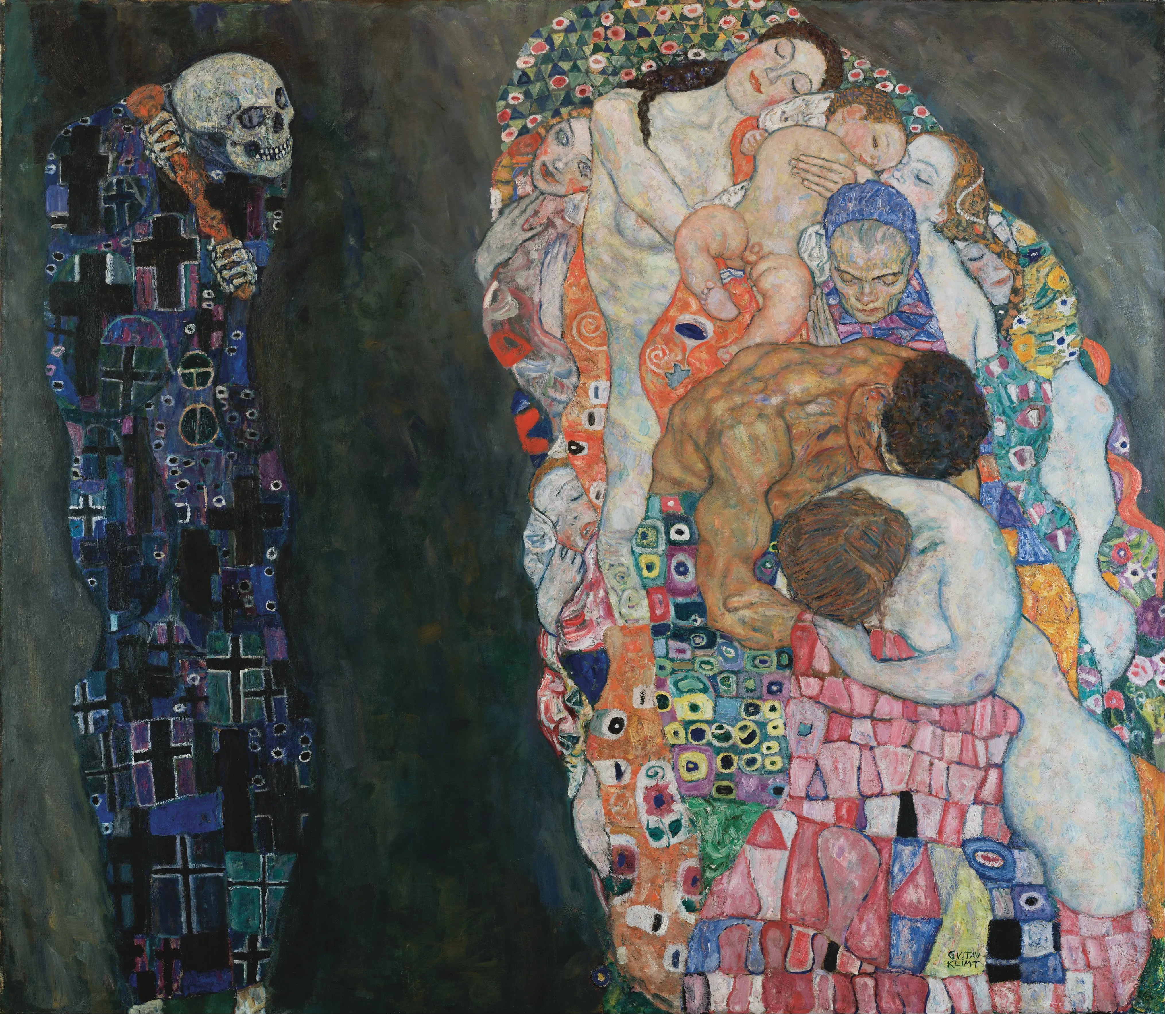 Gustav Klimt's schilderij De Dood en het Leven, met een skeletfiguur aan de linkerkant en een kleurrijke groep figuren aan de rechterkant