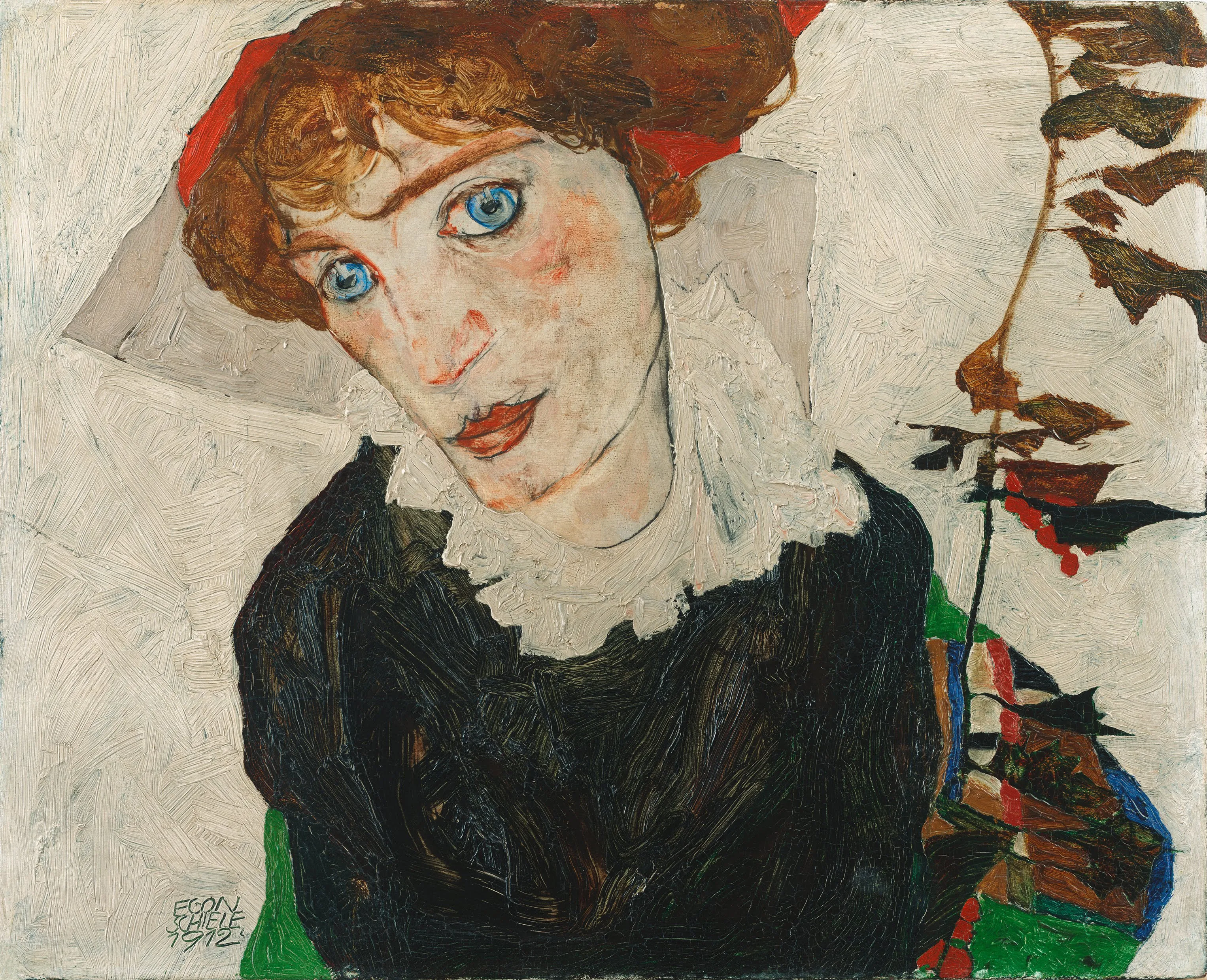 Een schilderij van een vrouw met blauwe ogen en rood haar, gekleed in een zwarte jurk met een witte kraag, door Egon Schiele