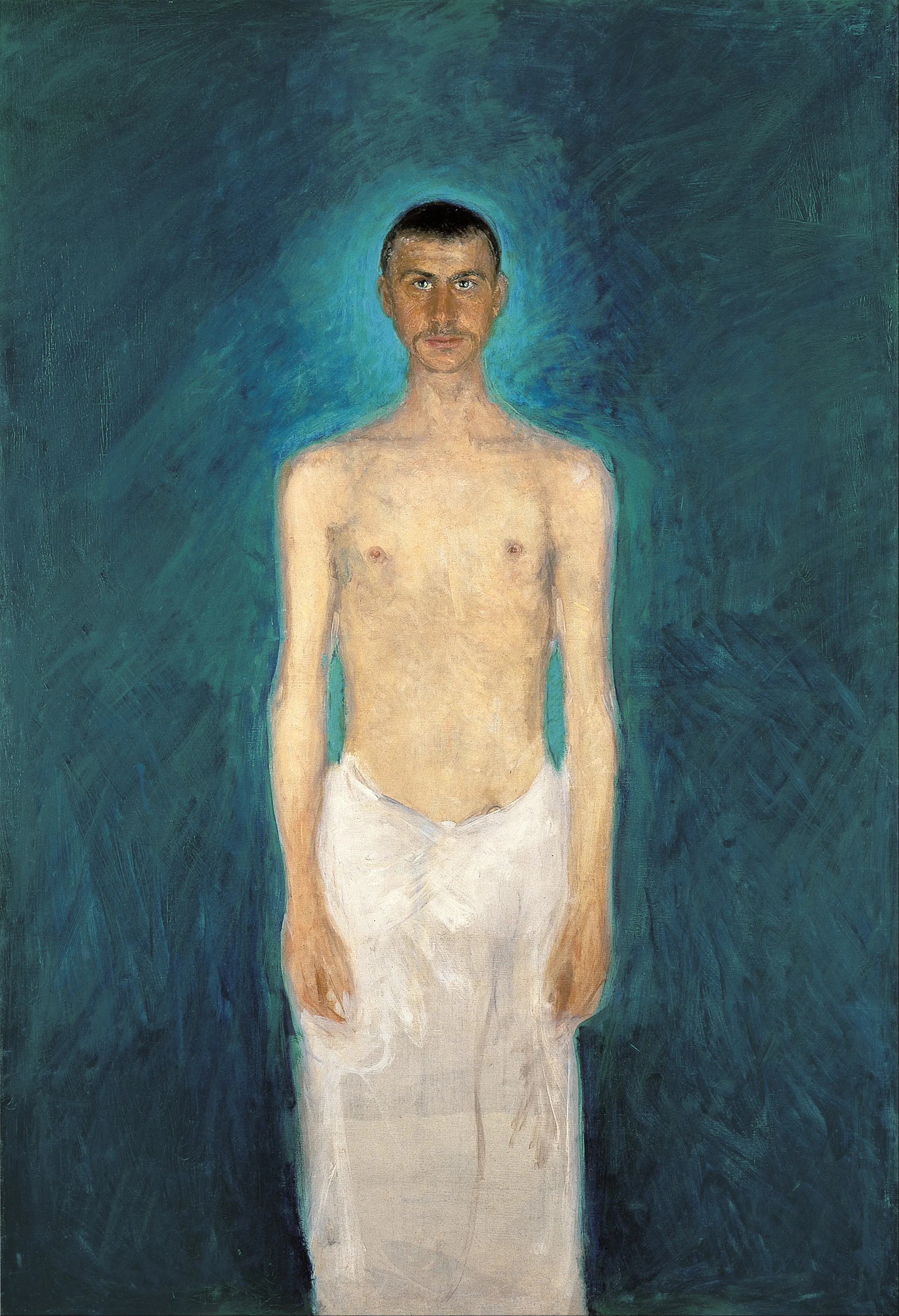Een schilderij van een halfnaakte man die tegen een donkerblauwe achtergrond staat, met een witte doek om zijn middel.