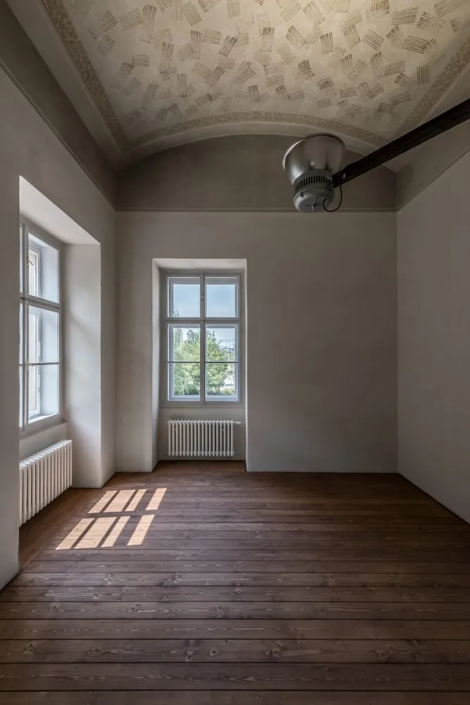 Habitación vacía con suelo de madera, paredes blancas y techo abovedado con diseño estampado