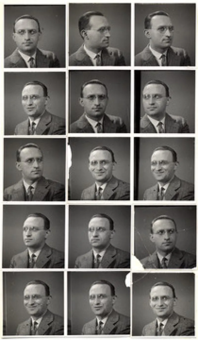 Hoja de contactos con quince fotografías de retrato en blanco y negro que muestran a un hombre con gafas y traje, capturado desde múltiples ángulos