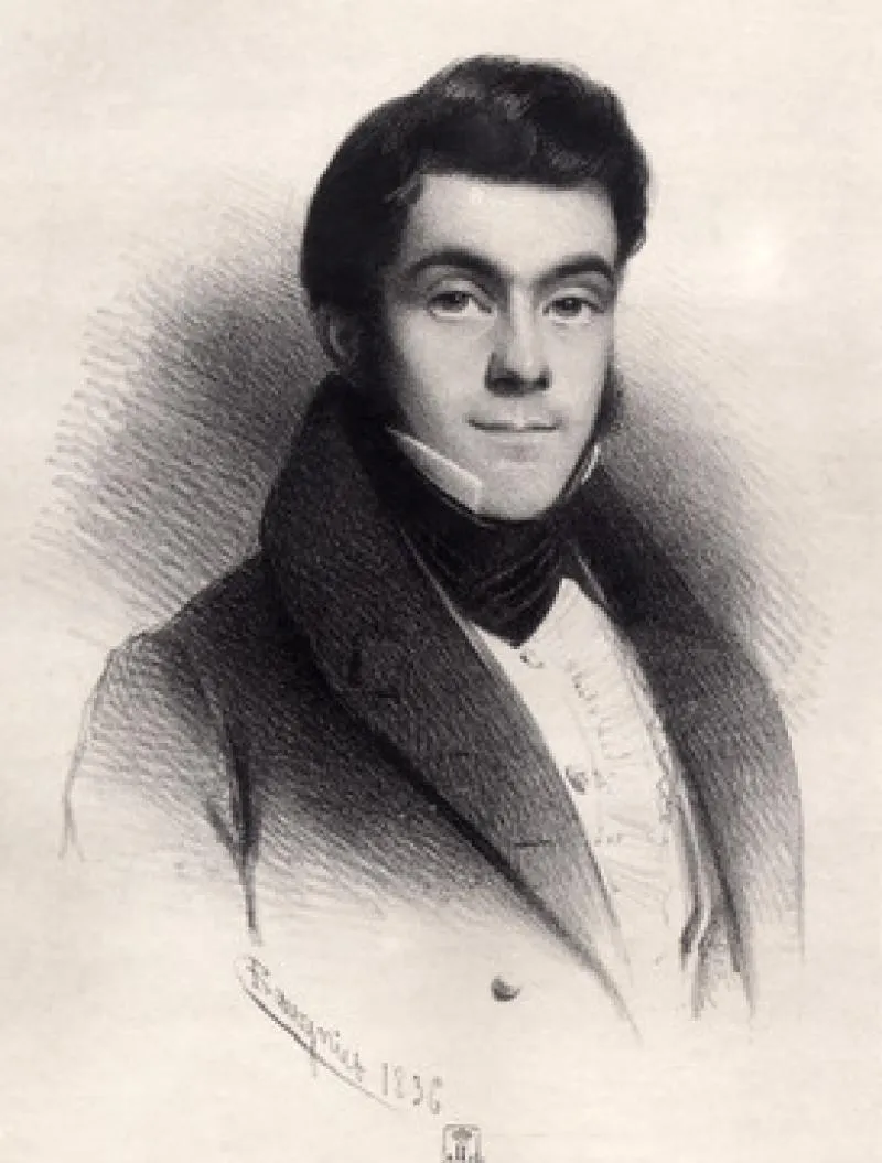 Retrato al dibujo en blanco y negro de un joven con vestimenta del siglo XIX y cuello alto, firmado Baugniet 1836 en la parte inferior.