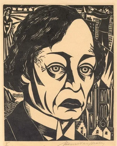 Retrato en xilografía en blanco y beige de un hombre con ojos grandes y expresivos, con figuras y la torre de una iglesia visibles al fondo, firmado en la parte inferior