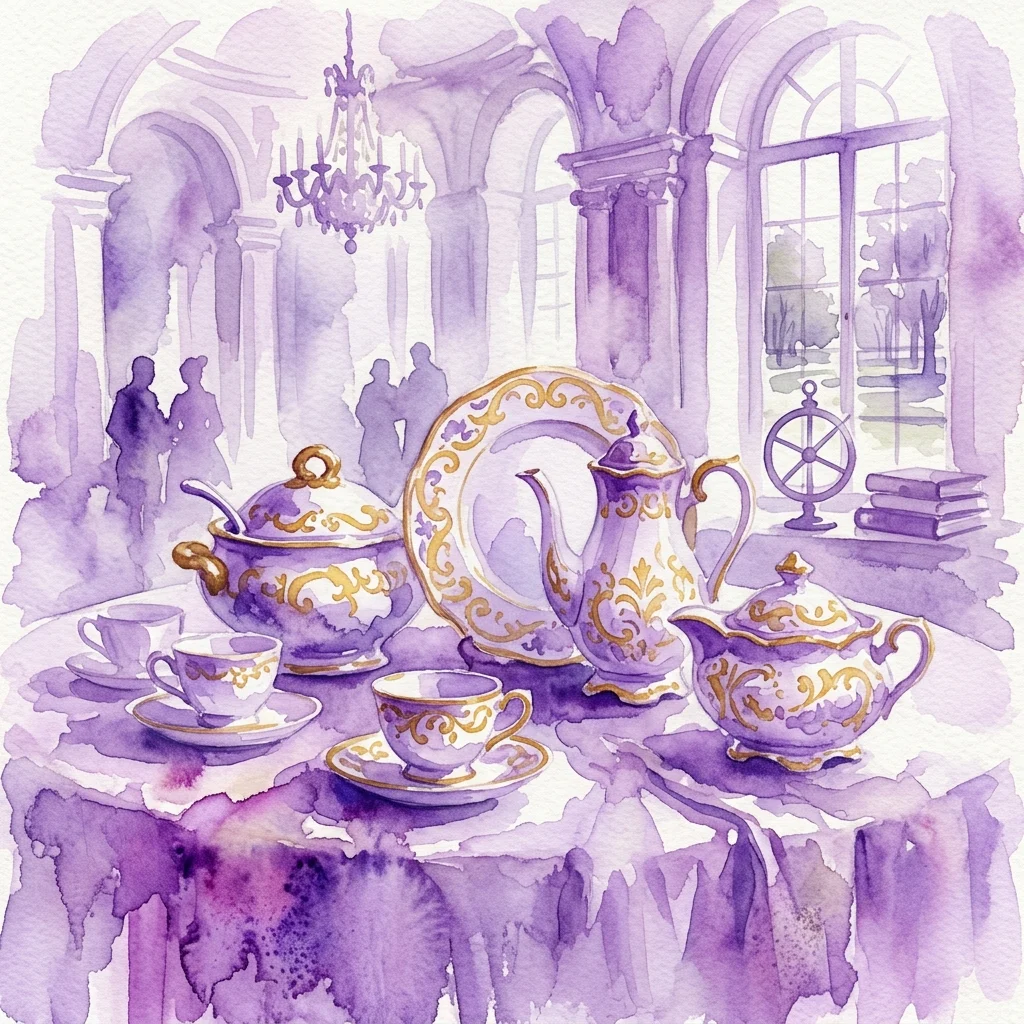 Ilustracja akwarelowa barokowej porcelanowej zastawy do herbaty ze złotymi zdobieniami, ustawiona na stole w wielkiej sali pałacowej z żyrandolami i łukowymi oknami.