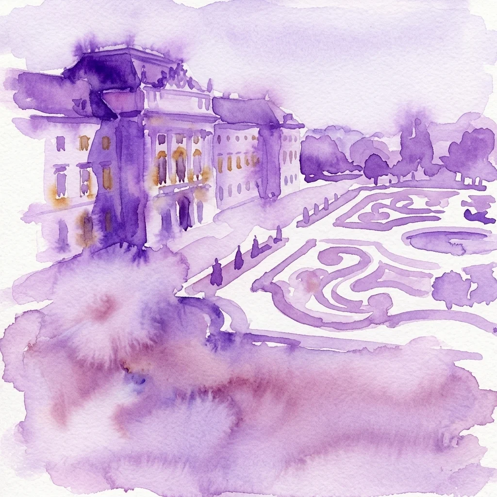 Fioletowa akwarela przedstawiająca Liechtenstein Garden Palace w Wiedniu, ukazująca jego wspaniałą architekturę i ozdobne ogrody, przywołująca historyczną i artystyczną atmosferę.