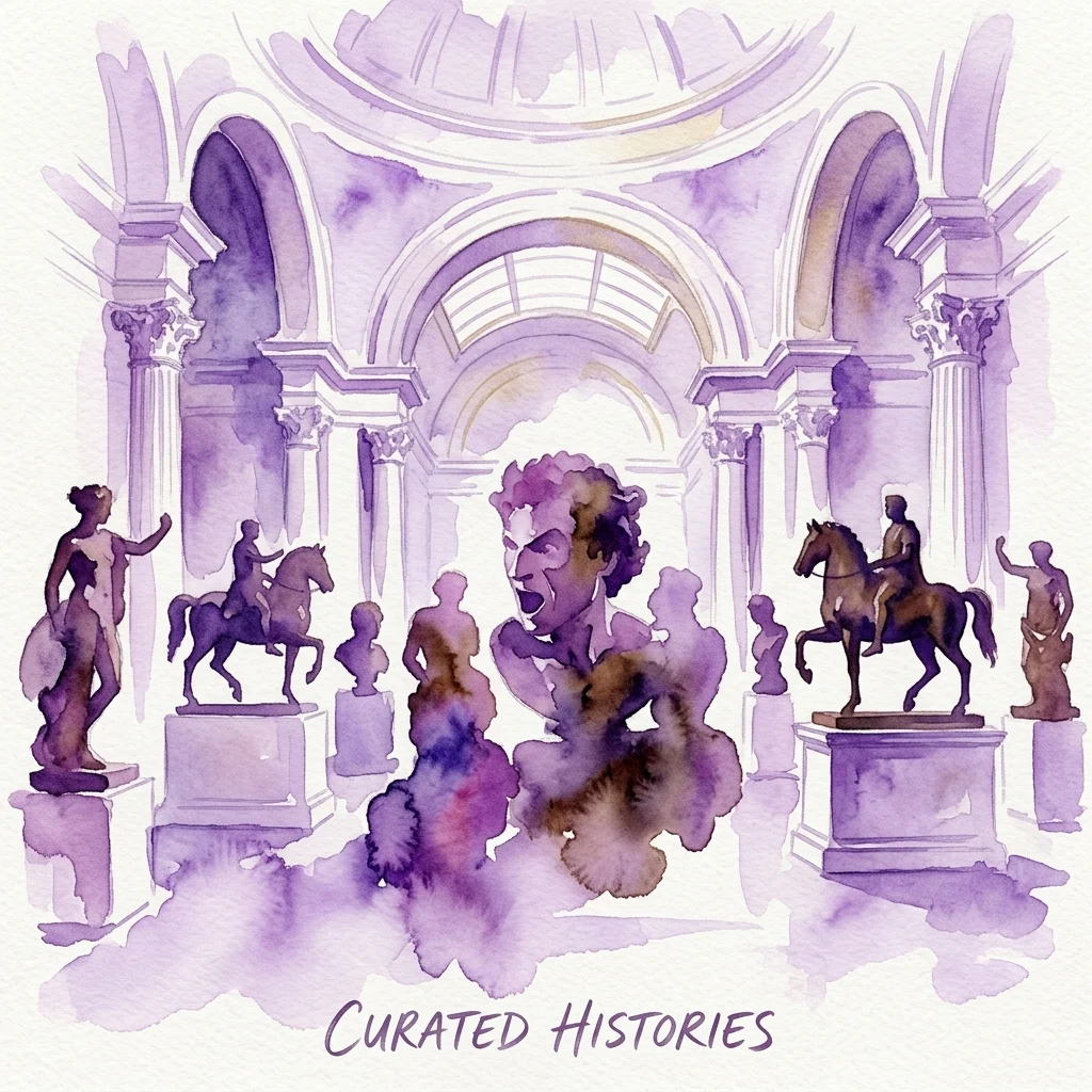 A watercolor illustration of a museum gallery featuring classical bronze sculptures, including equestrian statues and busts, displayed under arched ceilings with columns.