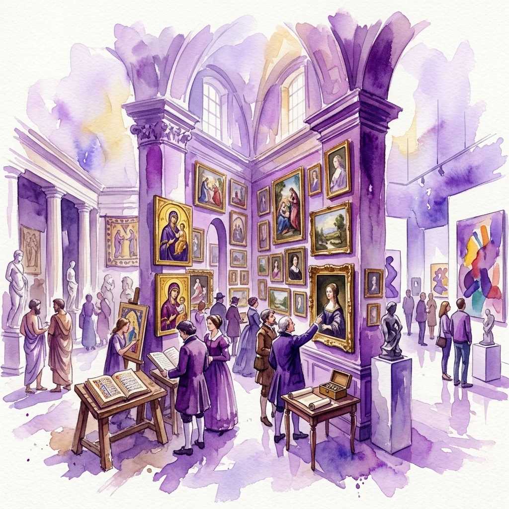 A watercolor illustration of a historical art gallery interior, showcasing diverse artworks from different eras on purple walls, with visitors in period clothing viewing paintings and sculptures, representing the evolution of the European art market.