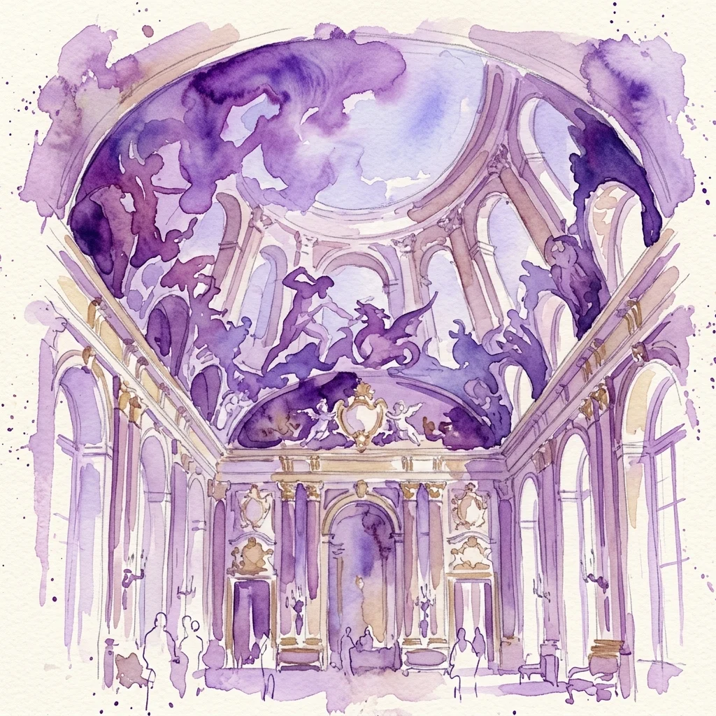 A watercolor illustration of a grand Baroque palace interior with a dramatic ceiling fresco depicting mythological scenes, including Hercules, in a purple and gold color scheme.