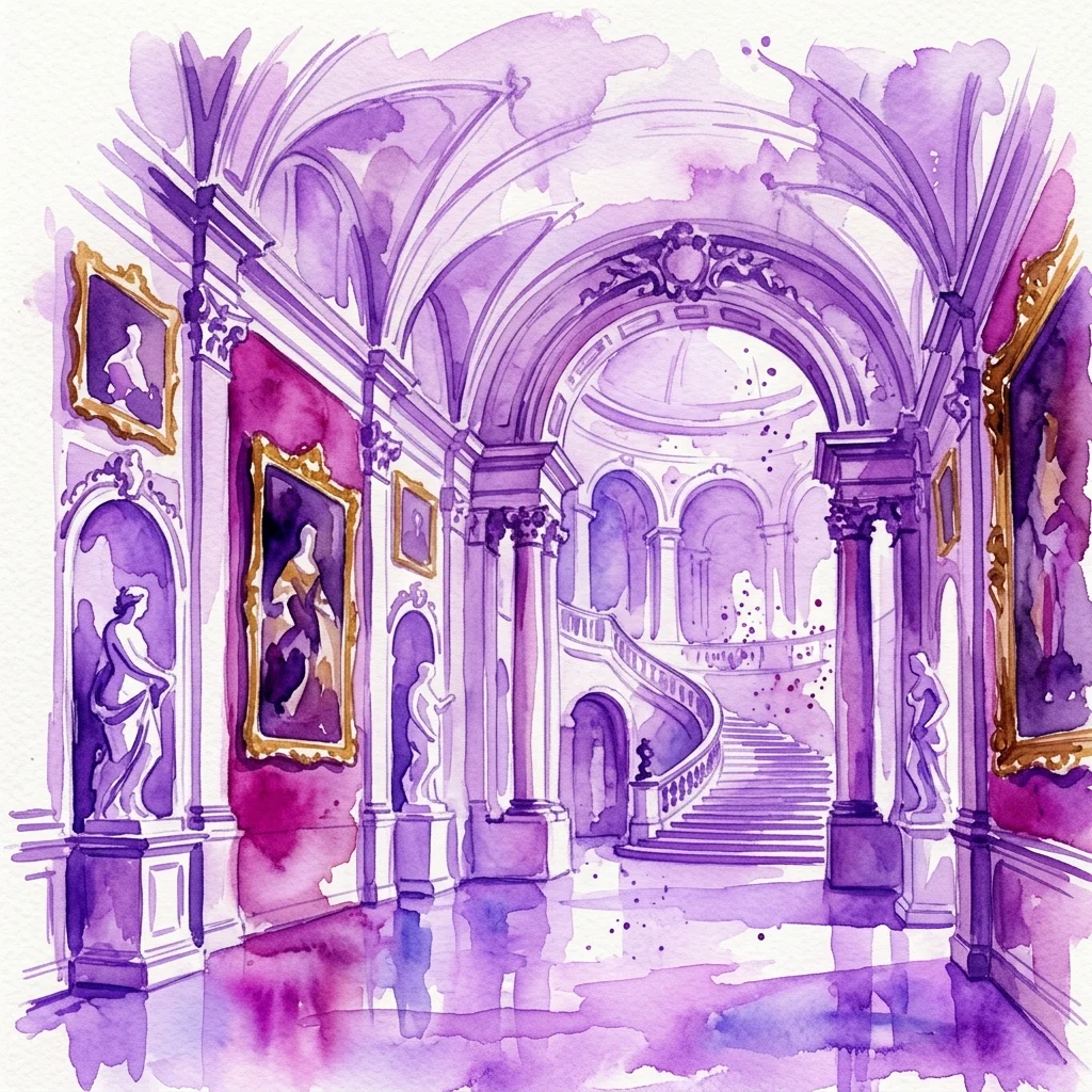 Ilustracja akwarelowa wnętrza Pałacu Ogrodowego Liechtenstein, prezentująca architekturę barokową z ozdobnymi łukami, wielką klatką schodową, klasycznymi rzeźbami i obrazami Mistrzów Starych w złoconych ramach.