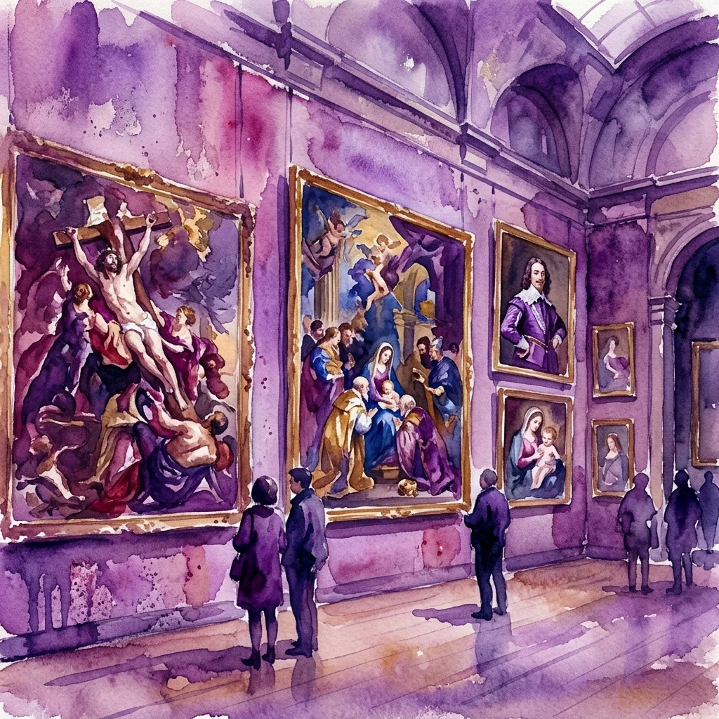 Akwelowa ilustracja galerii muzealnej prezentującej flamandzkie obrazy barokowe Rubensa i Van Dycka, z odwiedzającymi oglądającymi dzieła sztuki w bogato zdobionym, historycznym otoczeniu.