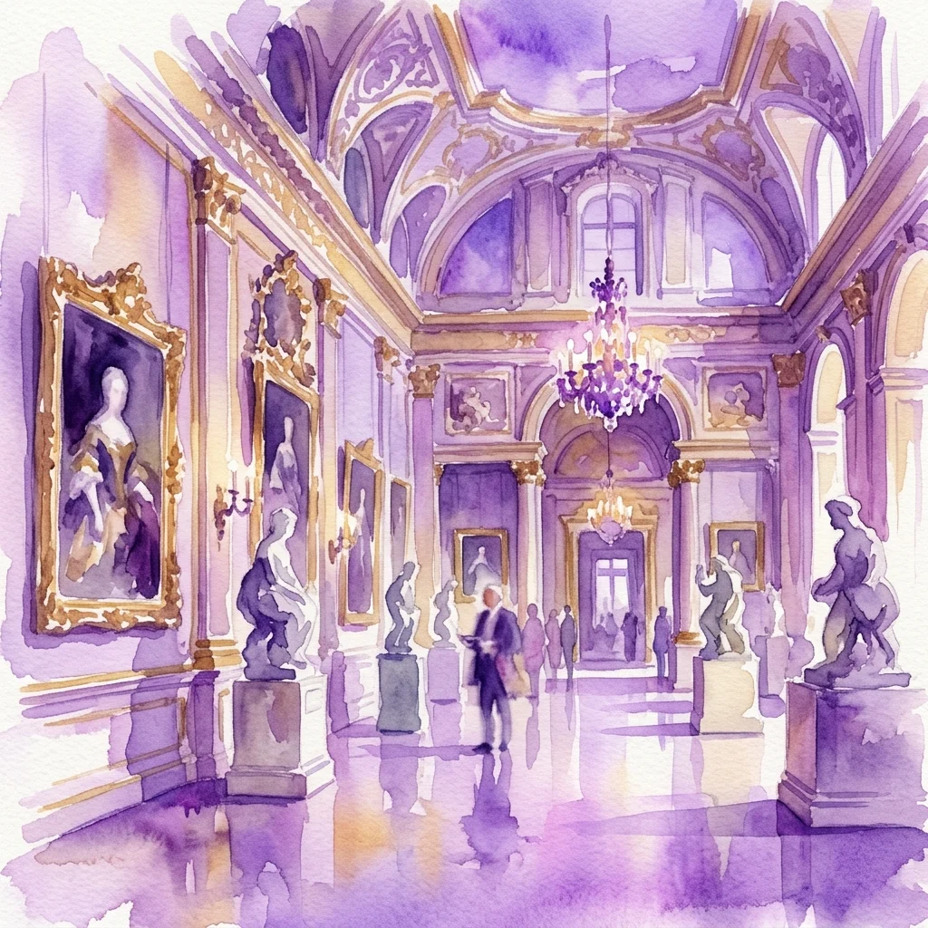 Akwelowa ilustracja wspaniałej barokowej galerii z ozdobnymi portretami i klasycznymi rzeźbami, oświetlonej żyrandolami, prezentująca wystawę 'Stały Książę: Józef Wenzel i jego sztuka' w Pałacu Ogrodowym Liechtenstein.