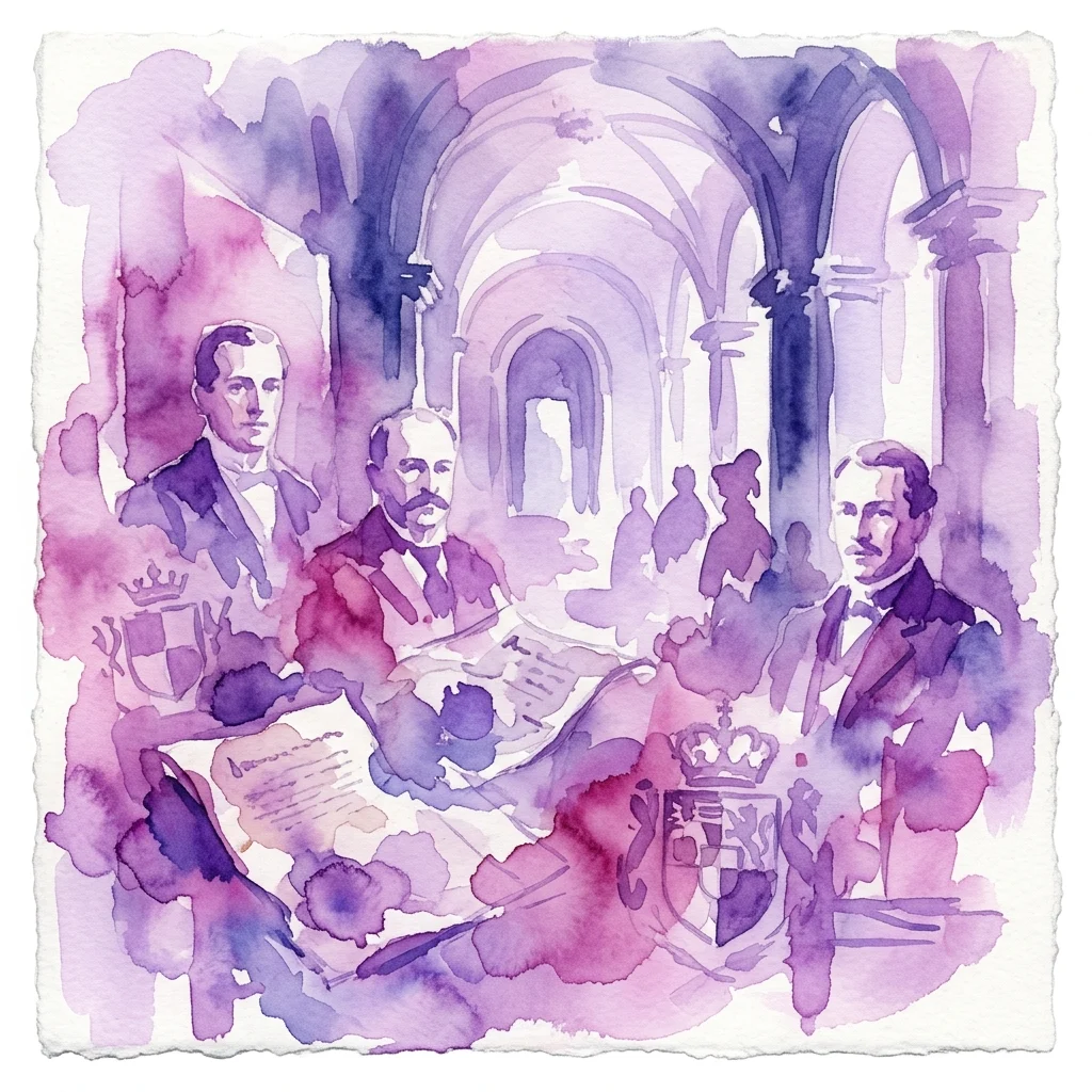 Ilustracja akwarelowa trzech Liechtensteinów w strojach galowych, siedzących w wielkiej sali z łukowymi sklepieniami, otoczonych dokumentami historycznymi i symbolami heraldycznymi, upamiętniająca ich rządy nad Opawą i Krnovem.