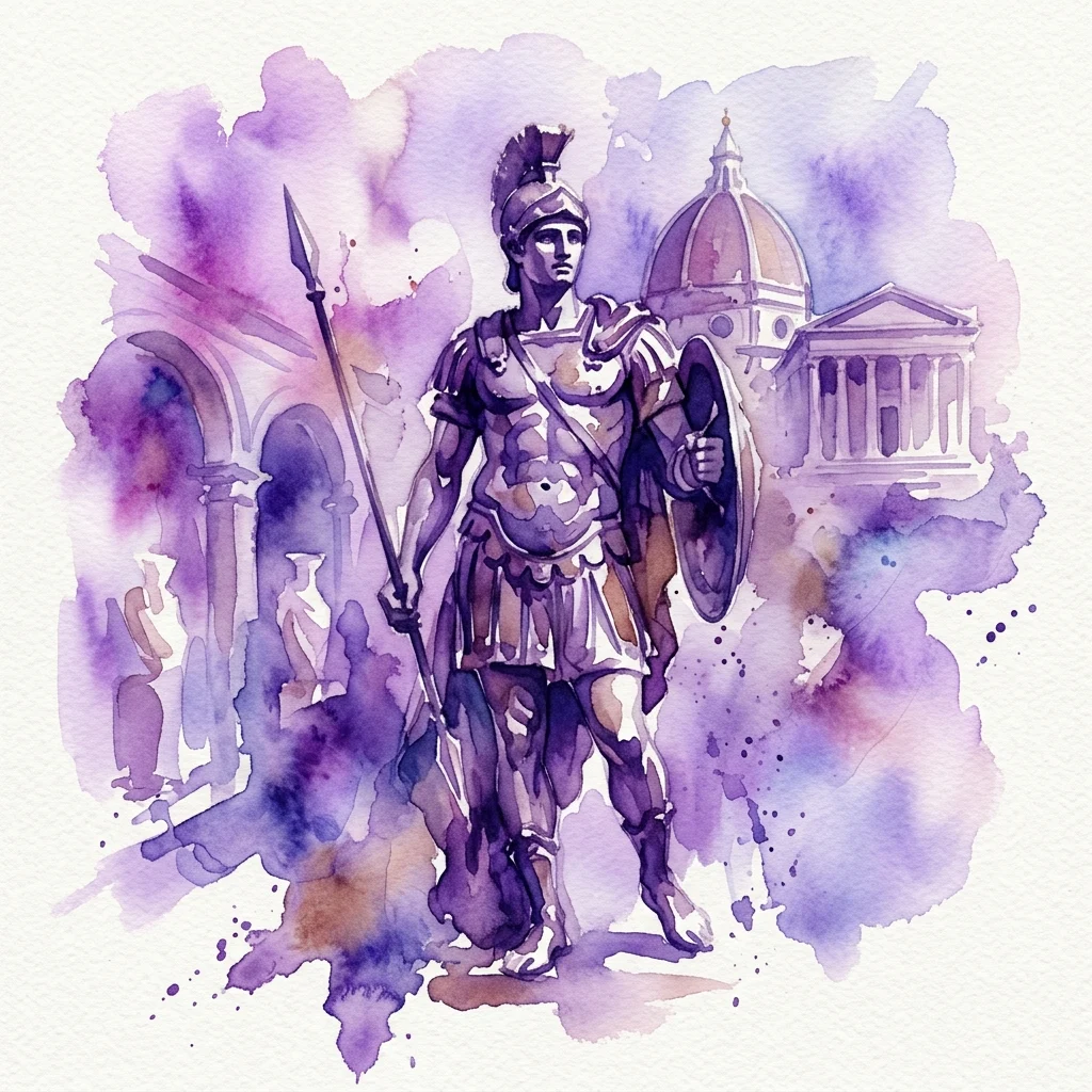 Watercolor illustration of the Roman god Mars in armor, holding a spear and shield, with a Renaissance dome and classical architecture in the background.