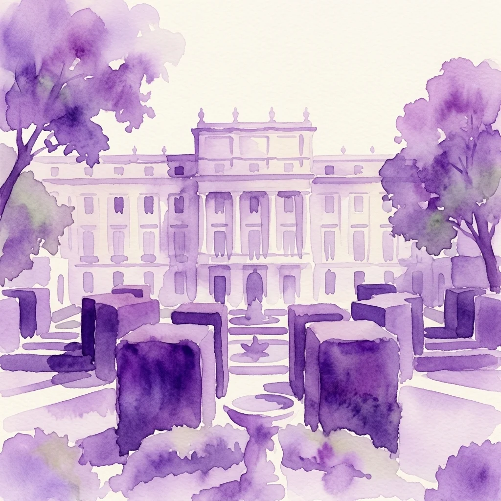 Ilustración en acuarela de los jardines del Palacio de Liria con jardinería formal francesa con setos esculpidos, fuentes y árboles antiguos, representada en tonos púrpuras.