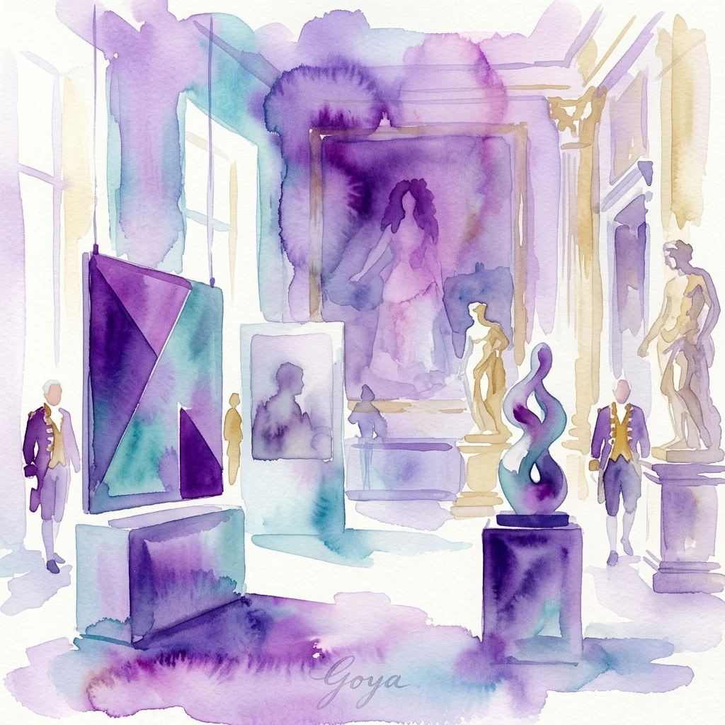 Ilustración en acuarela de la exposición 'Nights and Days' de José María Sicilia en el Palacio de Liria, con obras de arte modernas como pinturas, esculturas y fotografías expuestas en ornamentadas salas del palacio con visitantes observando.