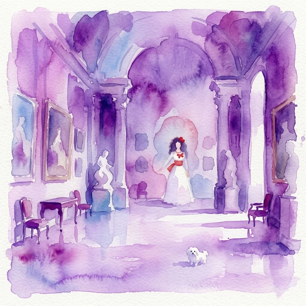 Ilustración en acuarela de un gran salón en el Palacio de Liria, que presenta pinturas clásicas, esculturas y muebles antiguos, con una mujer con un vestido blanco y un perro pequeño.