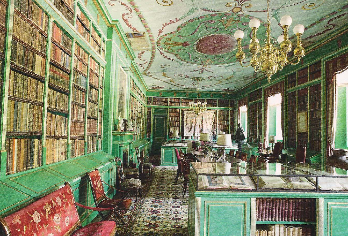 Interior del Palacio de Liria con estanterías verdes, frescos ornamentados en el techo y una lámpara de araña
