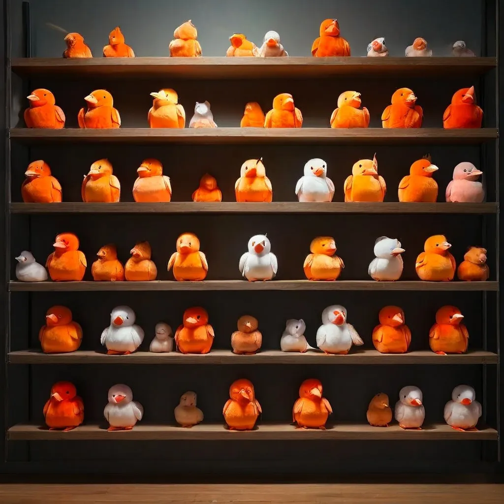 Una instalación conceptual de numerosos frailecillos de peluche en estanterías de The Living Art Museum.
