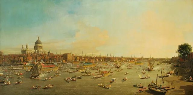 Een schilderij van de rivier de Theems met St. Paul's Cathedral en vele boten