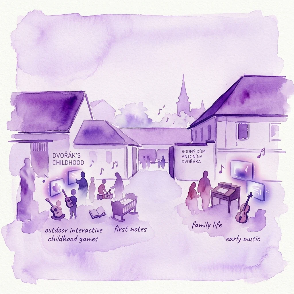 Ilustracja akwarelowa Domu Narodzin Antonína Dvořáka, prezentująca interaktywne wystawy dotyczące dzieciństwa Dvořáka, życia rodzinnego i wczesnej twórczości muzycznej, z odwiedzającymi korzystającymi z multimedialnych prezentacji i historycznych artefaktów.