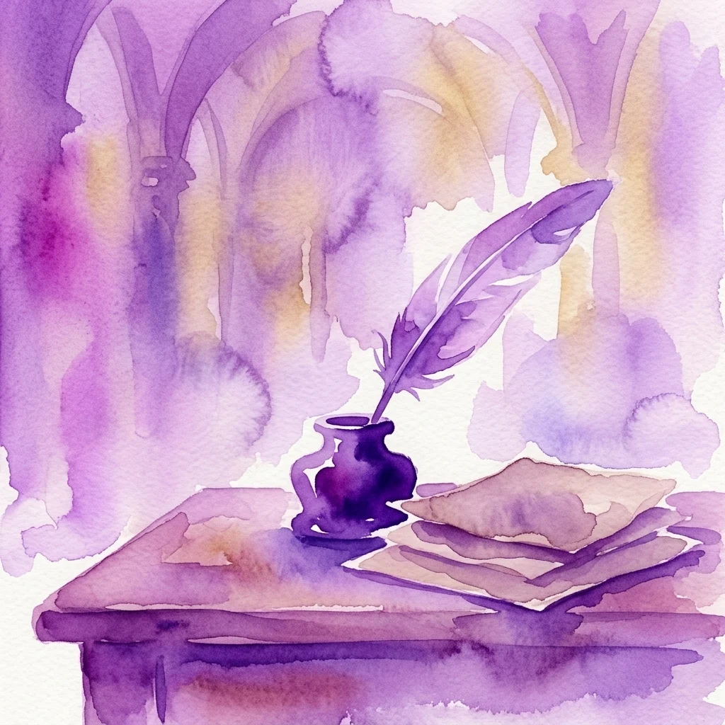 Ilustracja akwarelowa pióra zanurzonego w kałamarzu, stojącego na biurku z pergaminem, nawiązująca do tematu wystawy 'Od kałamarza do maszyny do pisania' w Zamku Lobkoviców.