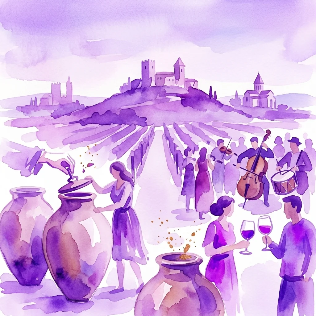 Ilustracja akwarelowa tradycyjnej ceremonii otwarcia wina kvevri w winnicy Lobkowicz na Zamku Roudnice, przedstawiająca ludzi wchodzących w interakcję z dużymi glinianymi amforami, zespół na żywo i tło winnicy z zamkiem na wzgórzu.