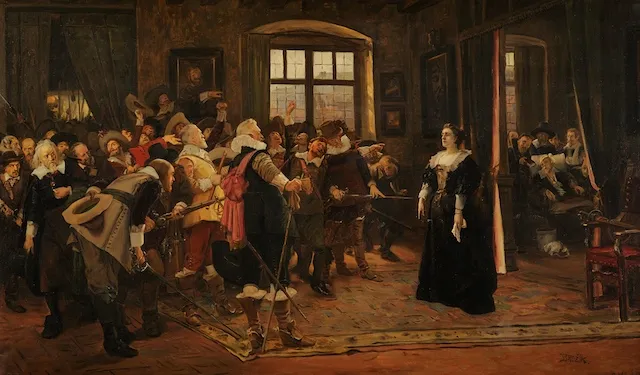 historisch schilderij van een vrouw in het zwart, staand in een statige kamer met mannen in kledij uit die periode