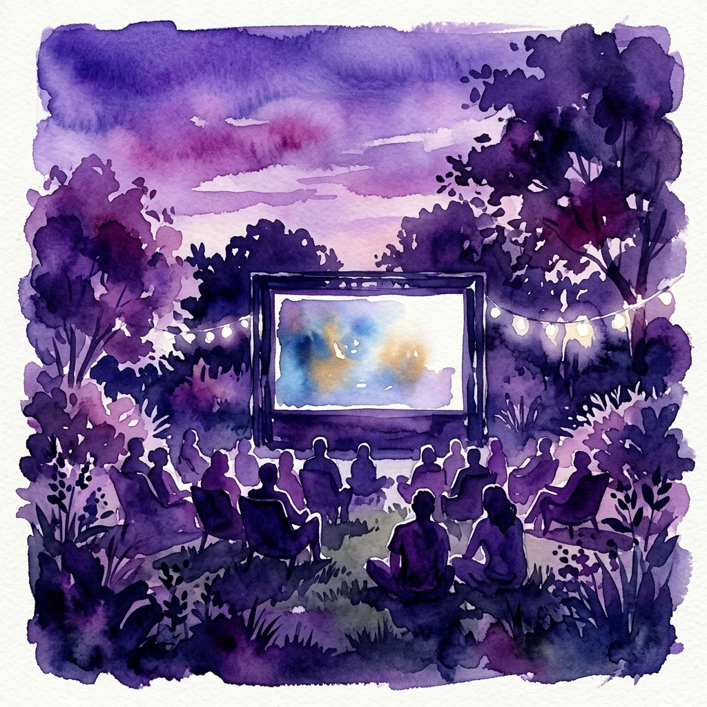 Kino plenerowe pod gołym niebem w Casa Museo Lope de Vega, z sylwetkami ludzi oglądających film na dużym ekranie w ogrodzie o zmierzchu, oświetlonym girlandami świetlnymi.