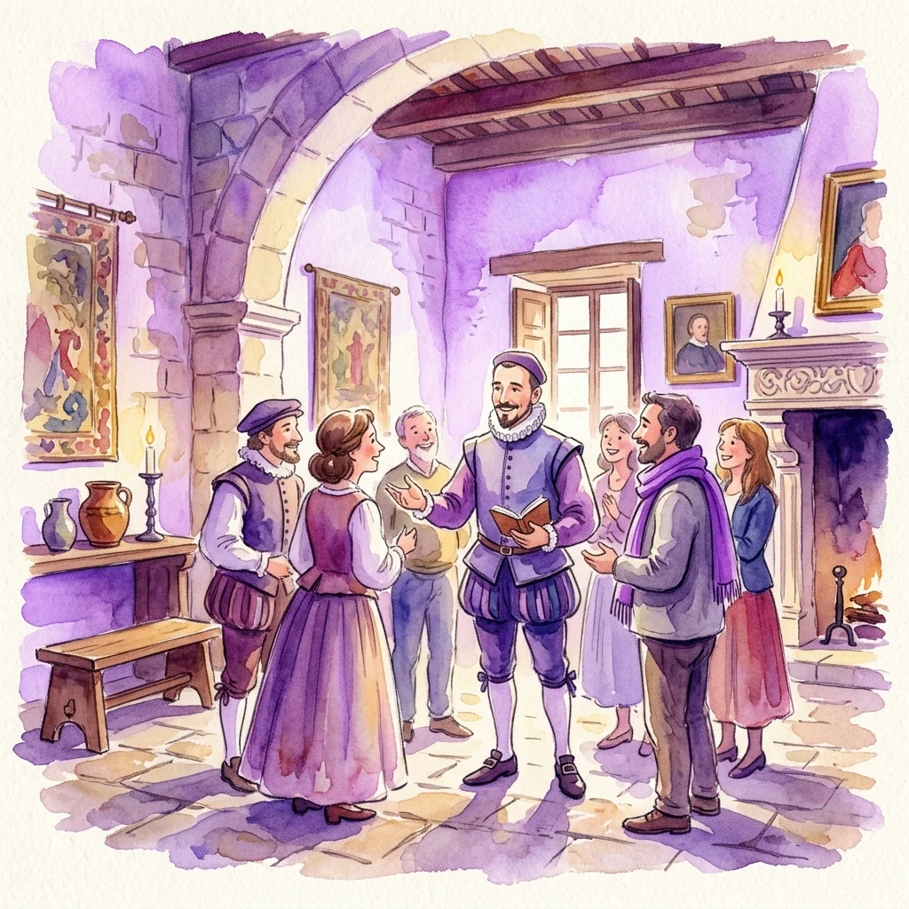 Ilustracja Lope de Vegi w stroju z epoki wchodzącego w interakcję z odwiedzającymi w historycznym wnętrzu Domu-Mecenasa Lope de Vegi podczas nadzwyczajnego wydarzenia otwarcia.