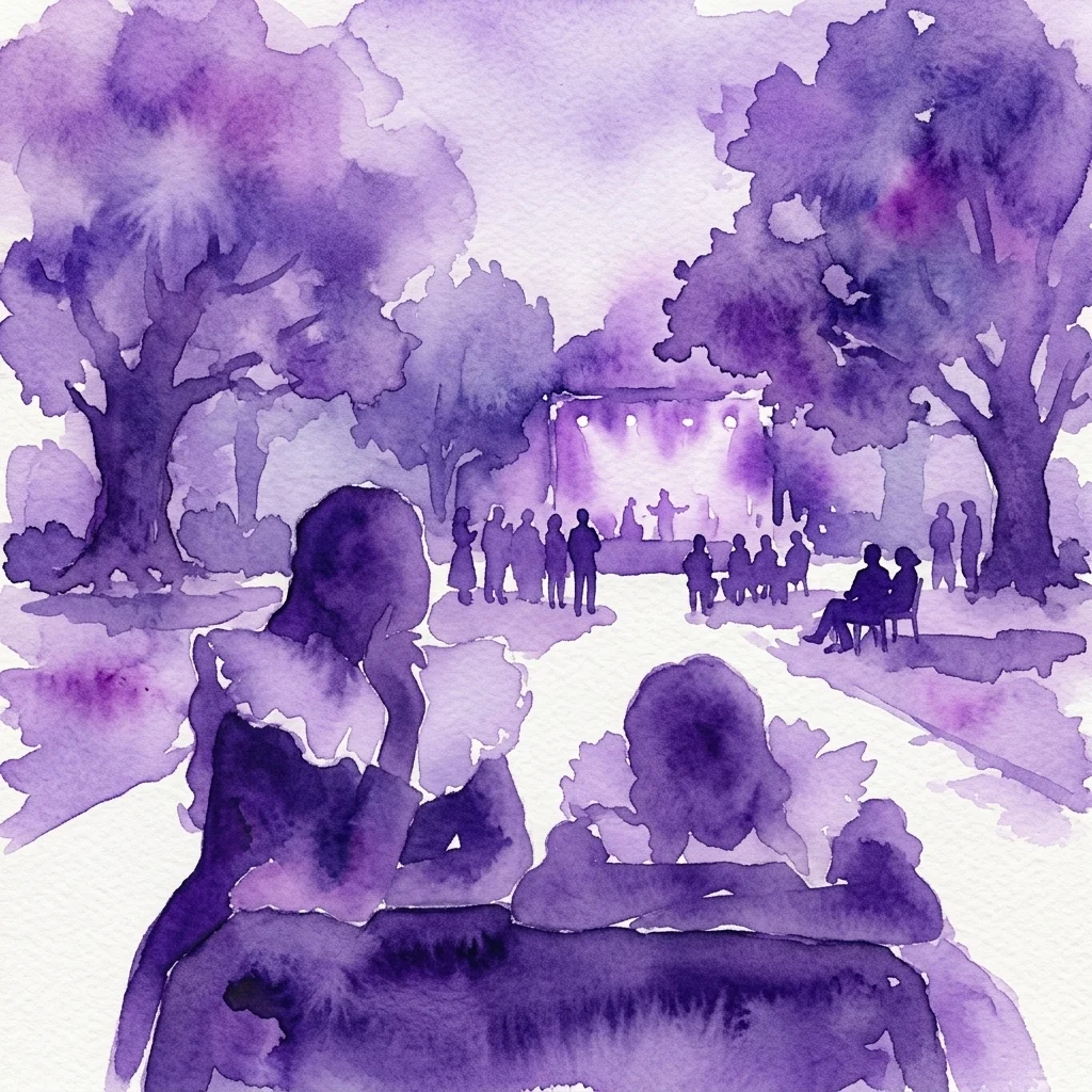 Una ilustración en acuarela púrpura de un evento al aire libre por la noche en un jardín, con siluetas de personas viendo una actuación bajo luces de escenario.