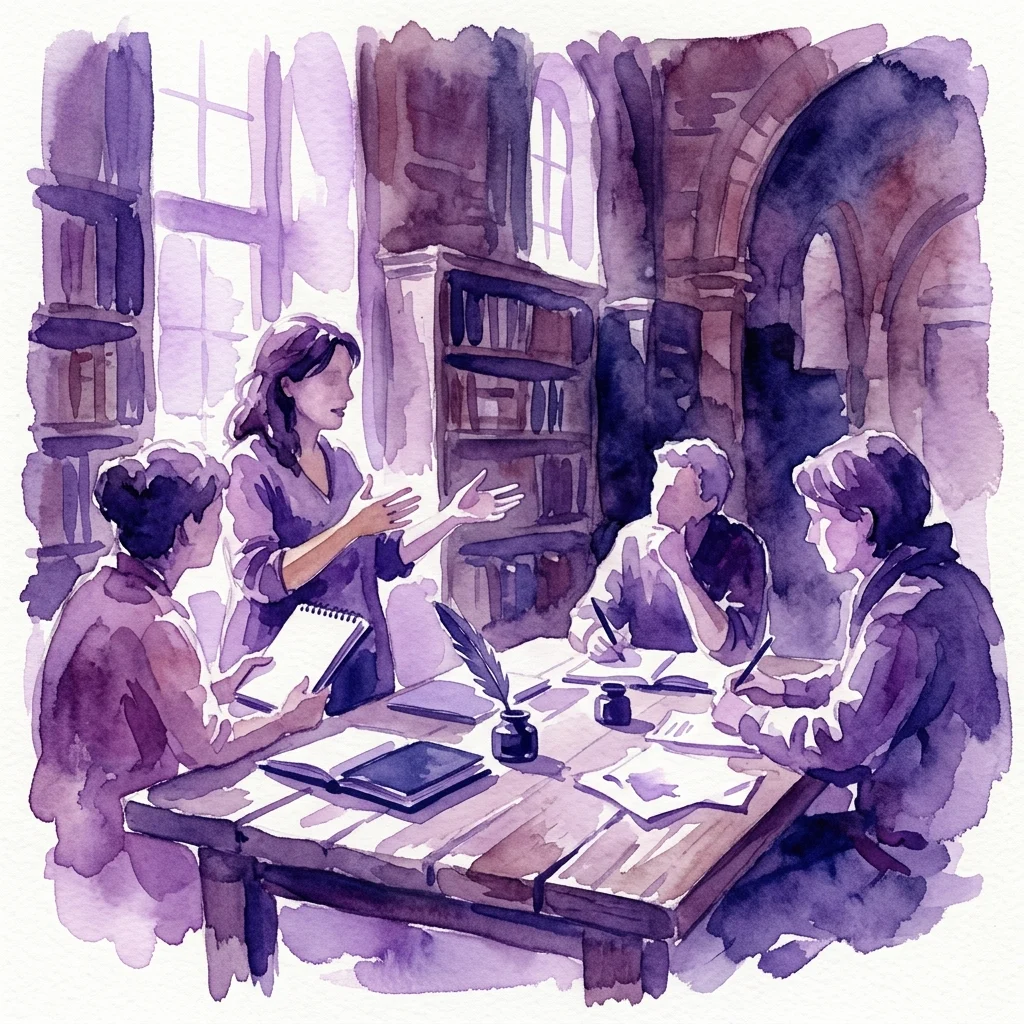 Ilustracja akwarelowa przedstawiająca warsztaty pisarskie w zabytkowym pomieszczeniu z łukowymi oknami i regałami, gdzie kobieta prowadzi grupę uczestników z notatnikami i piórami, przywołując dziedzictwo literackie.