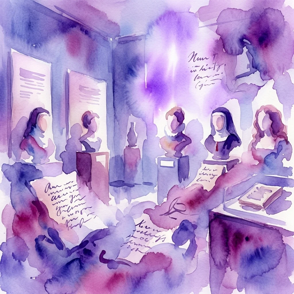 Watercolor illustration of an exhibition gallery featuring busts, manuscripts, and portraits of female writers from the Golden Age, with purple and blue hues highlighting the cultural and literary contributions of women.