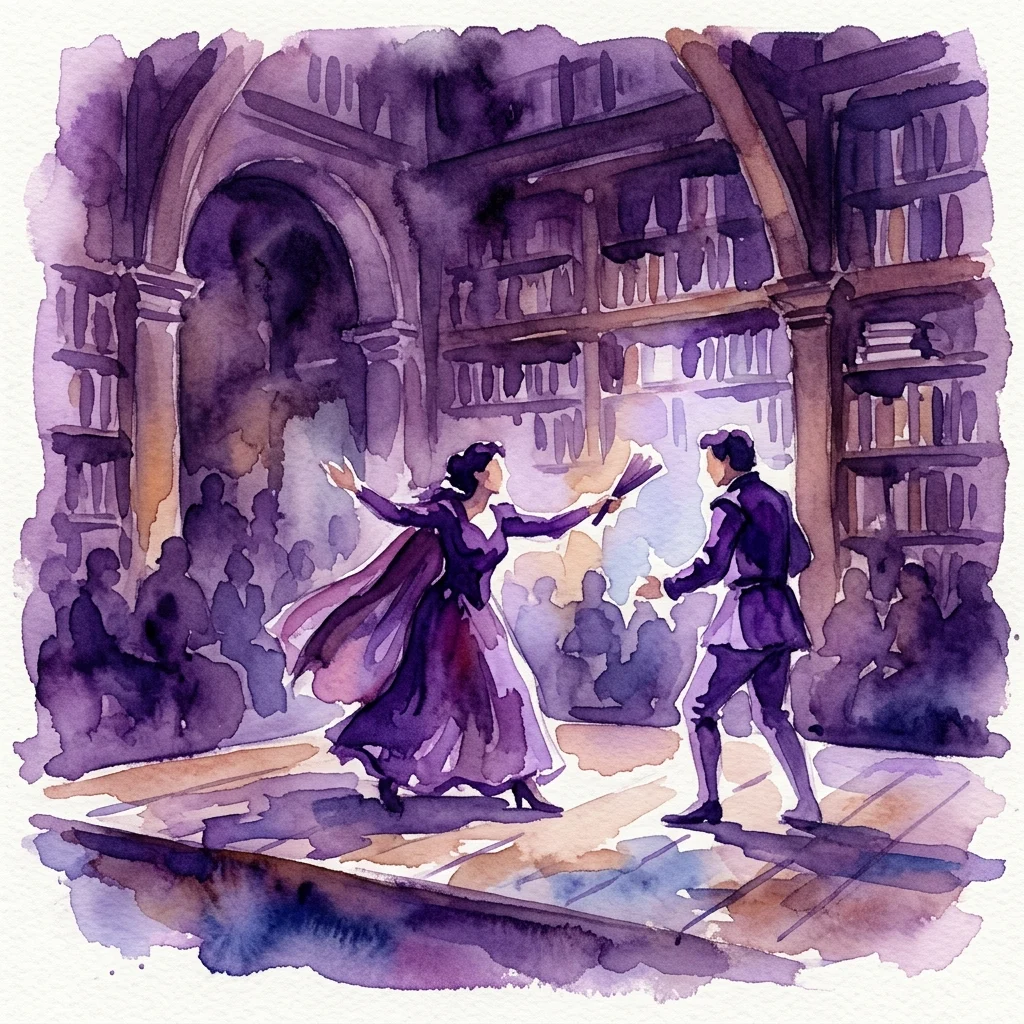 Waterverfillustratie van een theatervoorstelling in een historische bibliotheekomgeving, met twee acteurs in kostuums uit die tijd op het podium, geïnspireerd door Lope de Vega en Federico García Lorca.