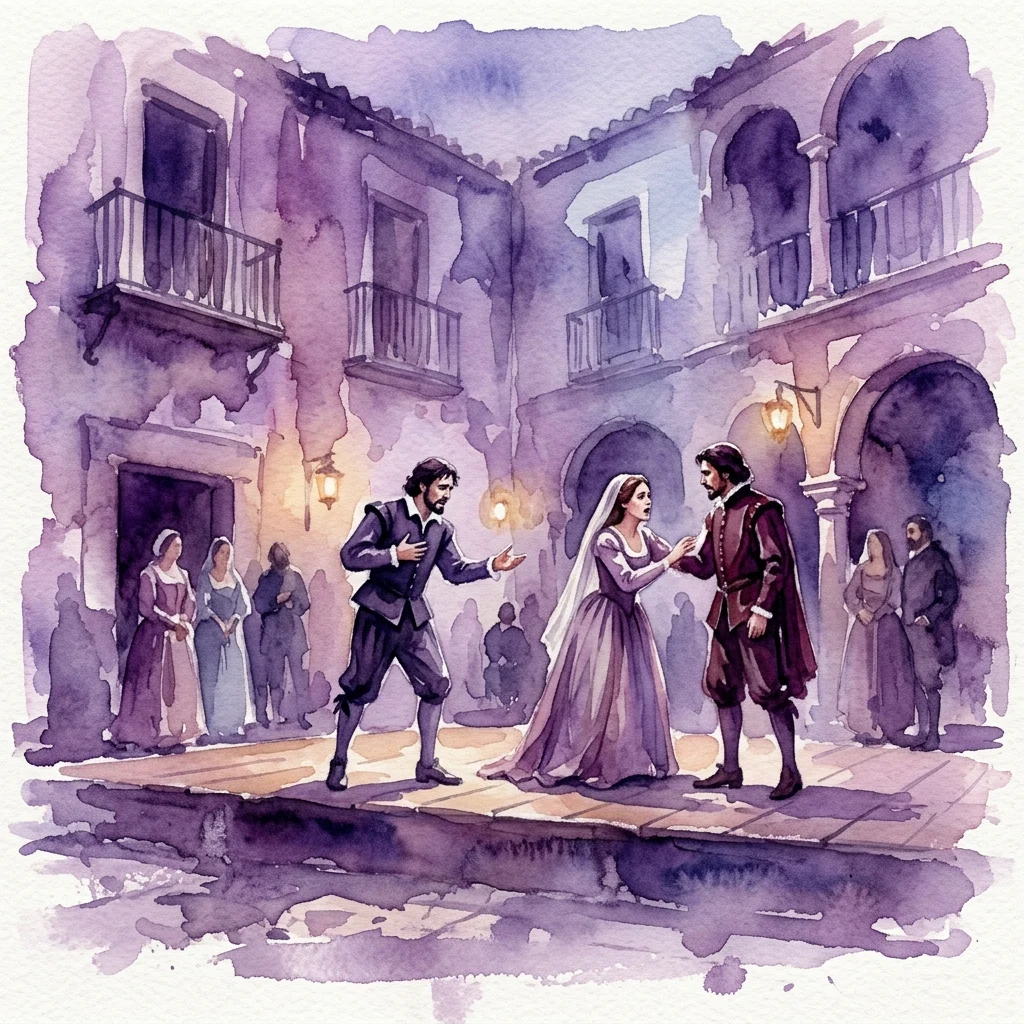 Ilustración en acuarela de una representación teatral histórica ambientada en un patio del Siglo de Oro español, con actores en trajes de época representando una escena dramática de 'Las tres vidas de Cardenio' inspirada en Lope de Vega, Cervantes y Shakespeare.