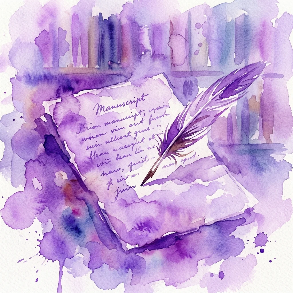 Ilustracja akwarelowa odręcznego manuskryptu z piórem, przywołująca literackie dzieła Lope de Vegi w fioletowej pracowni.